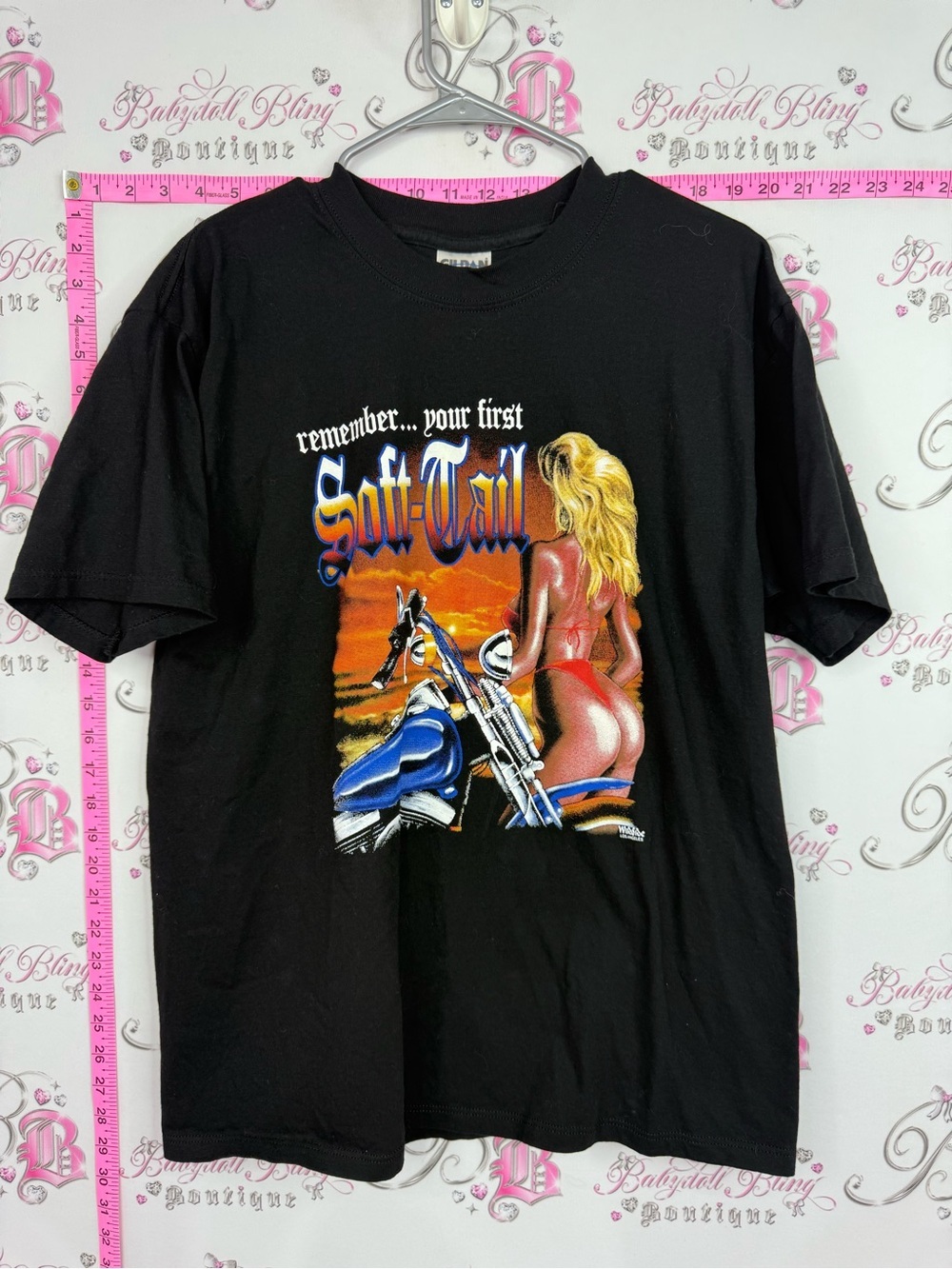 Gildan Black Short Sleeve Tee with Blonde Figure and Blue Motorcycle Graphic